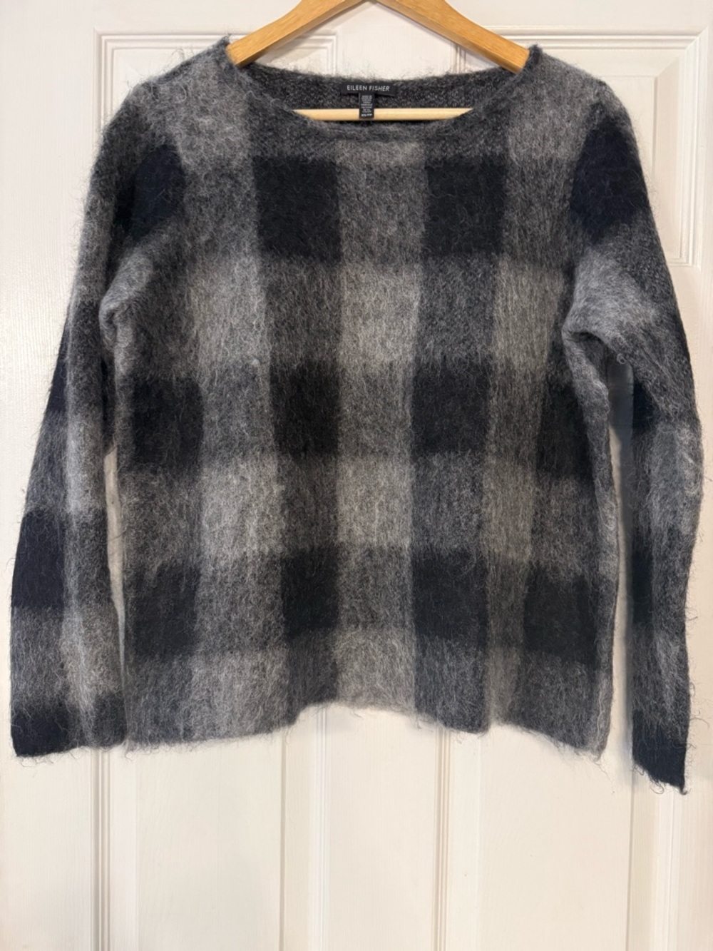 Eileen Fisher Gray and Black Check Brushed Mohair-Blend Crewneck Sweater
